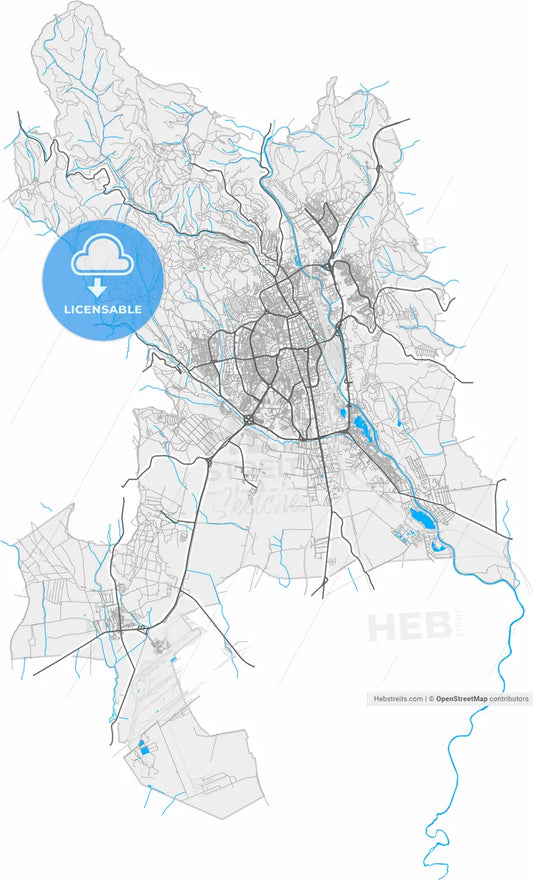 Košice, Košice Region, Slovakia, high resolution vector map - Instant download PDF and JPG