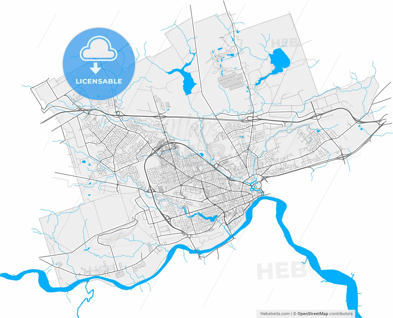 Moncton, New Brunswick, Canada, high resolution vector map - Instant download PDF and JPG