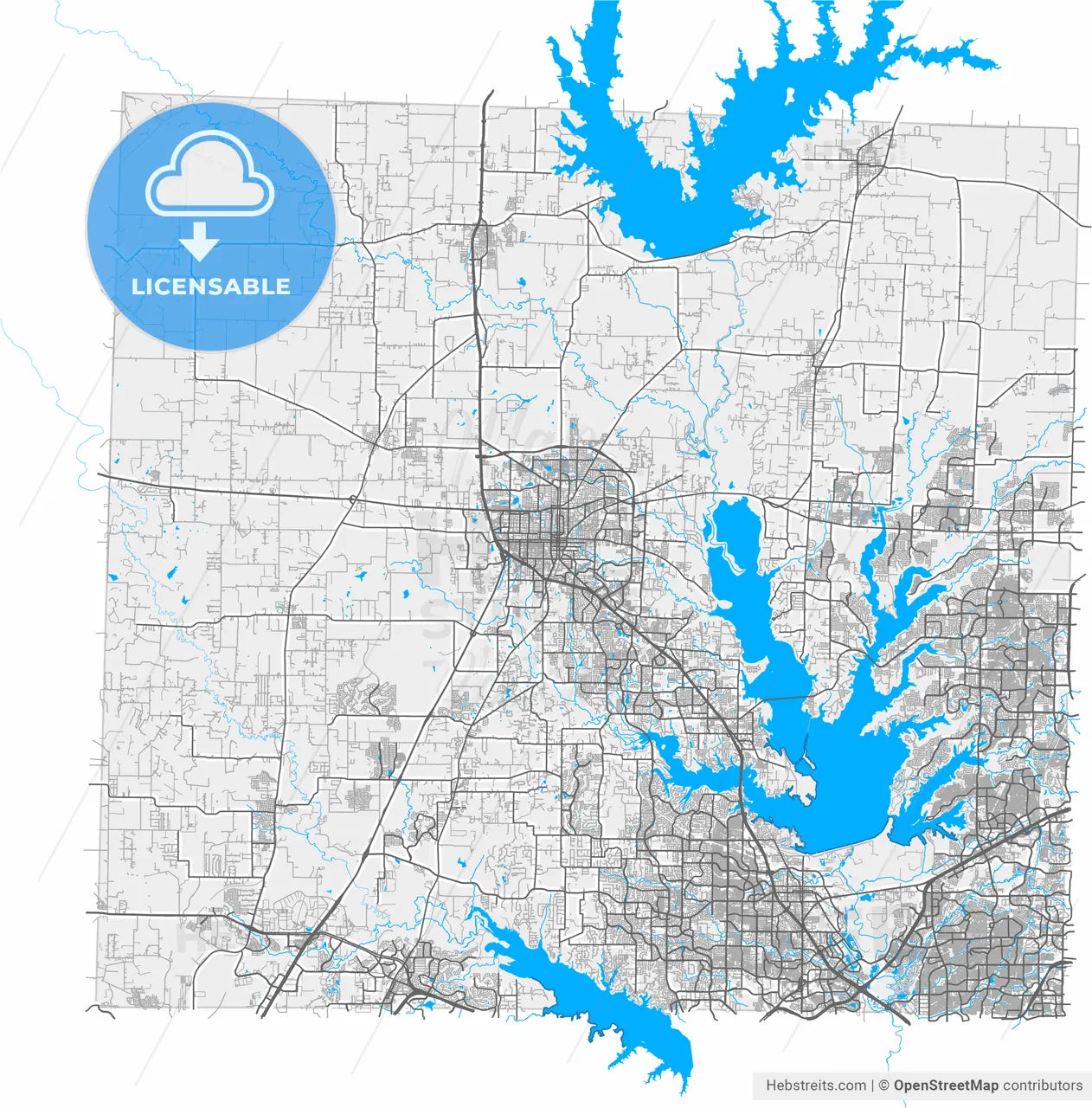 Denton, Texas, United States, high resolution vector map - Instant download PDF and JPG