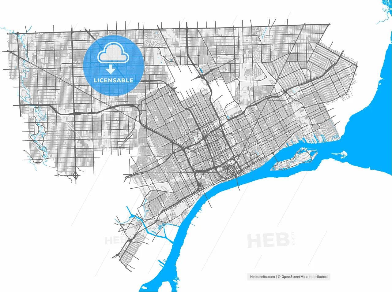 Detroit, Michigan, United States, high resolution vector map - Instant download PDF and JPG