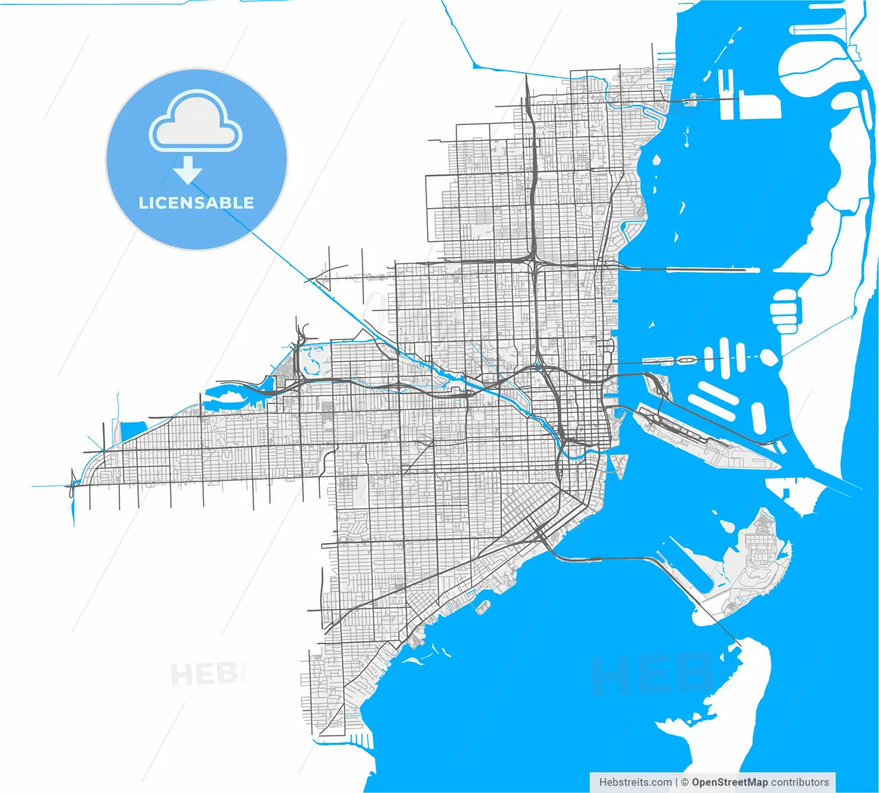 Miami, Florida, United States, high resolution vector map - Instant download PDF and JPG