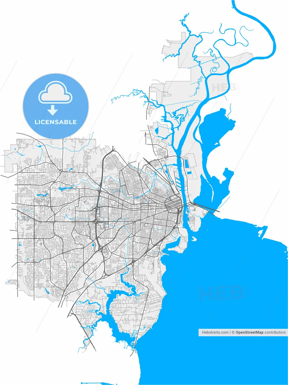 Mobile, Alabama, United States, high resolution vector map - Instant download PDF and JPG