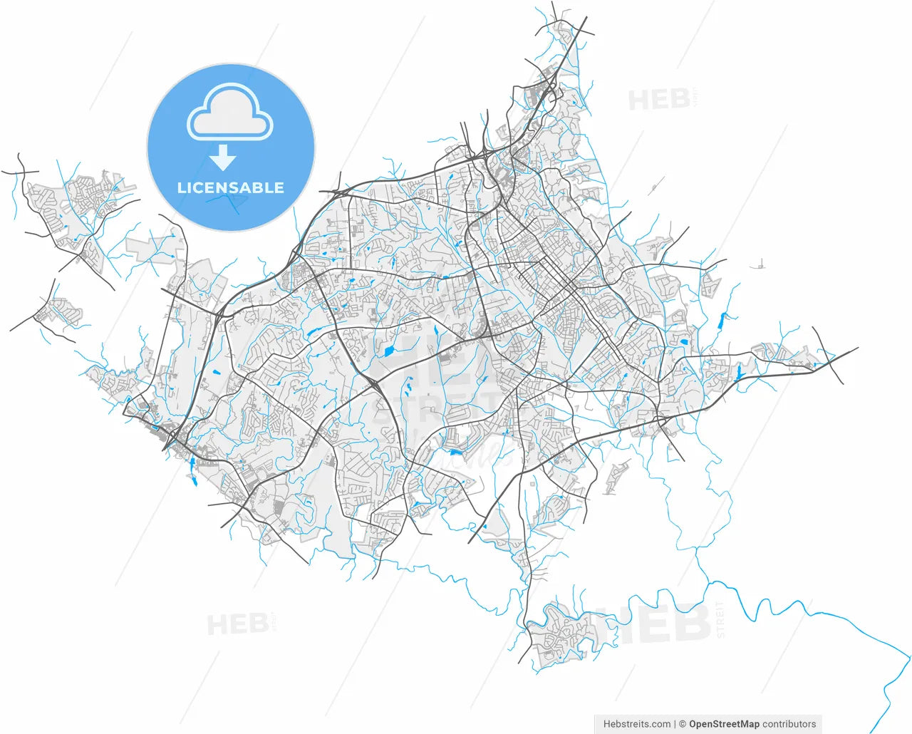 Concord, North Carolina, United States, high resolution vector map - Instant download PDF and JPG