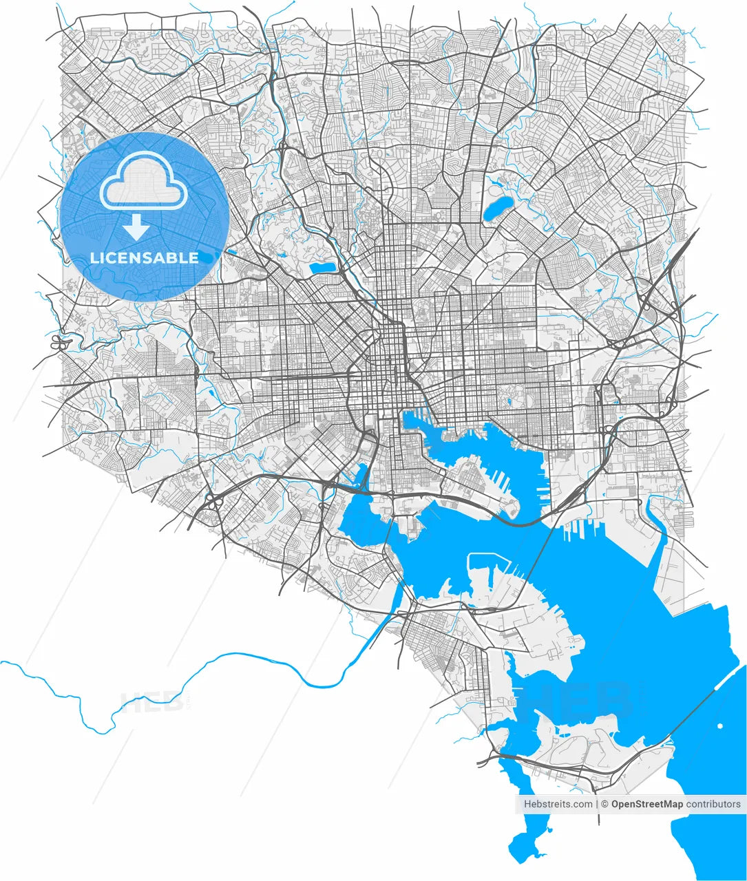 Baltimore, Maryland, United States, high resolution vector map - Instant download PDF and JPG