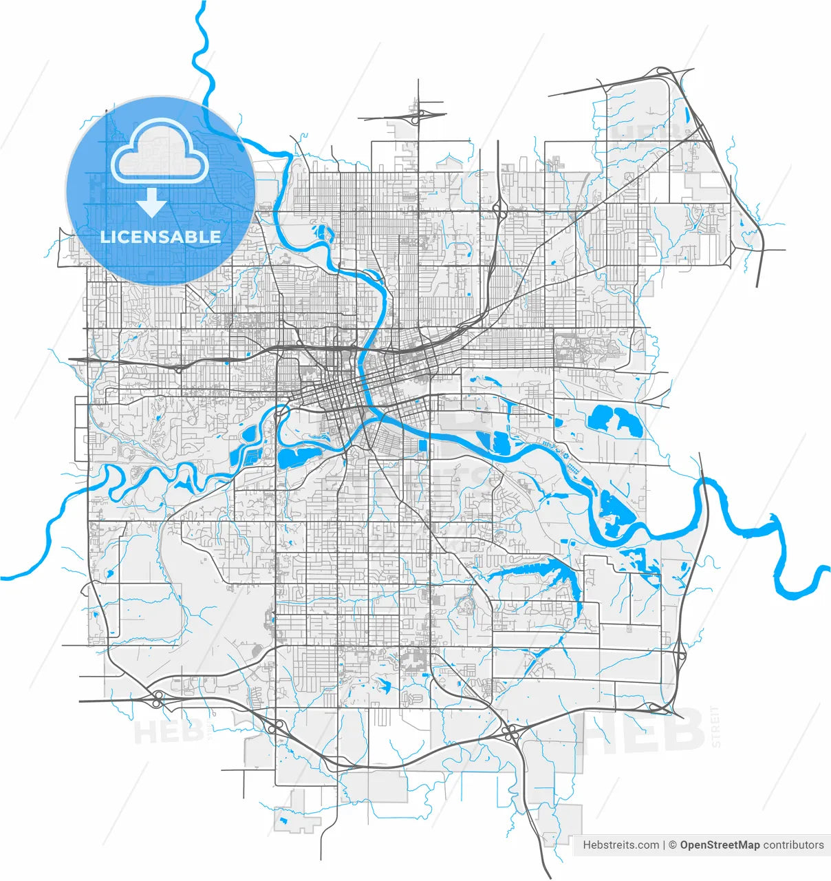 Des Moines, Iowa, United States, high resolution vector map - Instant download PDF and JPG
