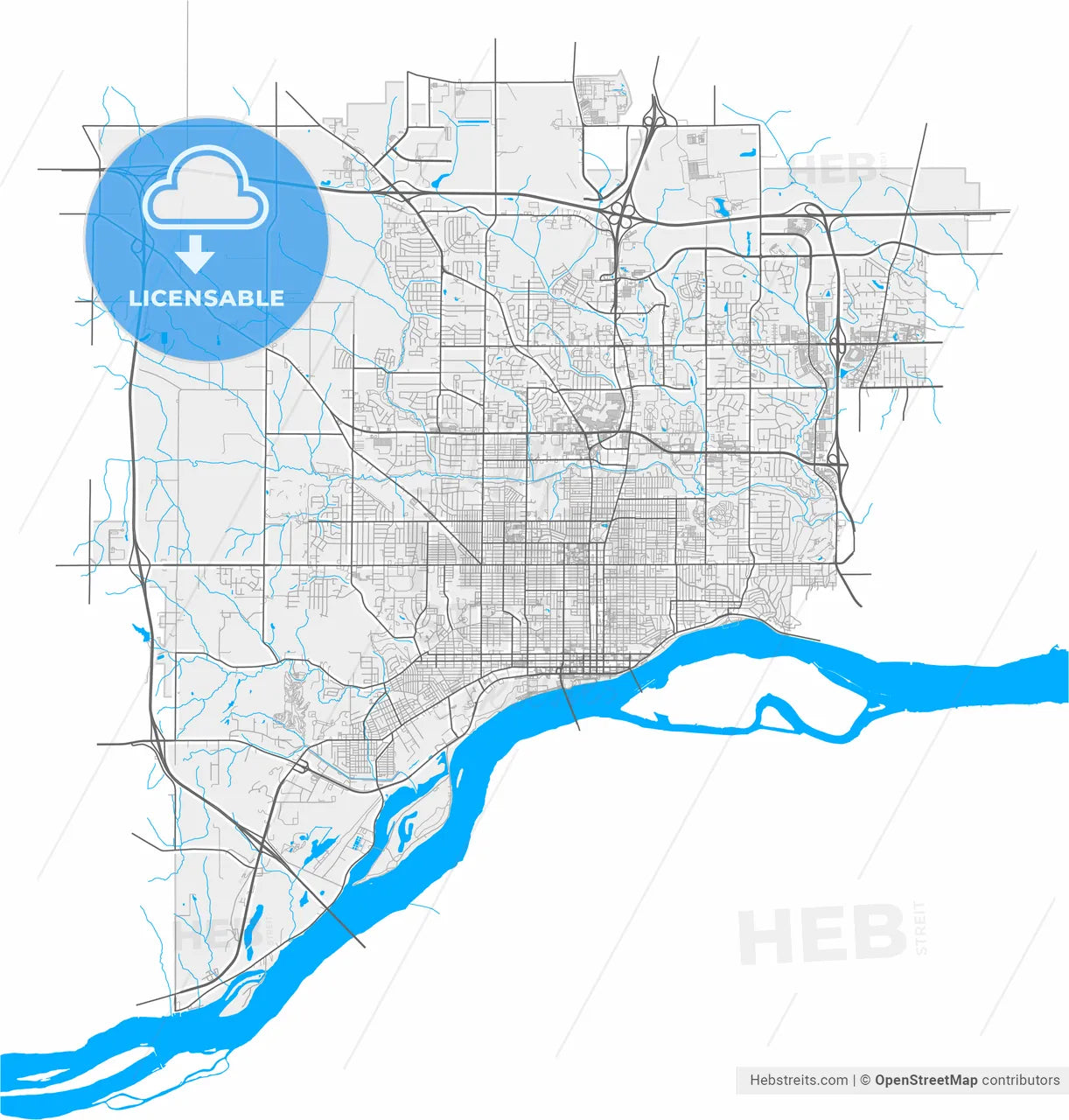 Davenport, Iowa, United States, high resolution vector map - Instant download PDF and JPG