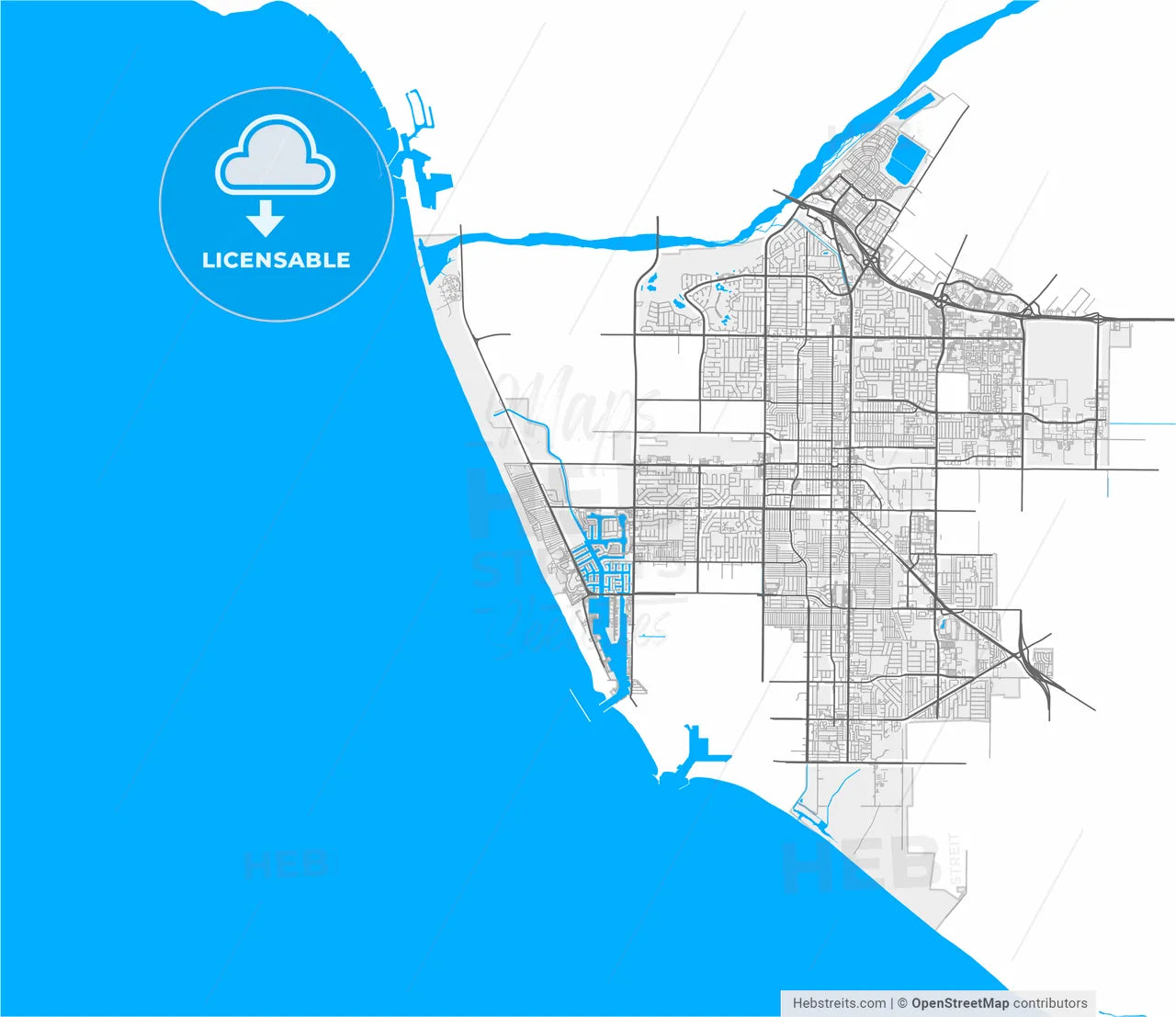 Oxnard, California, United States, high resolution vector map - Instant download PDF and JPG