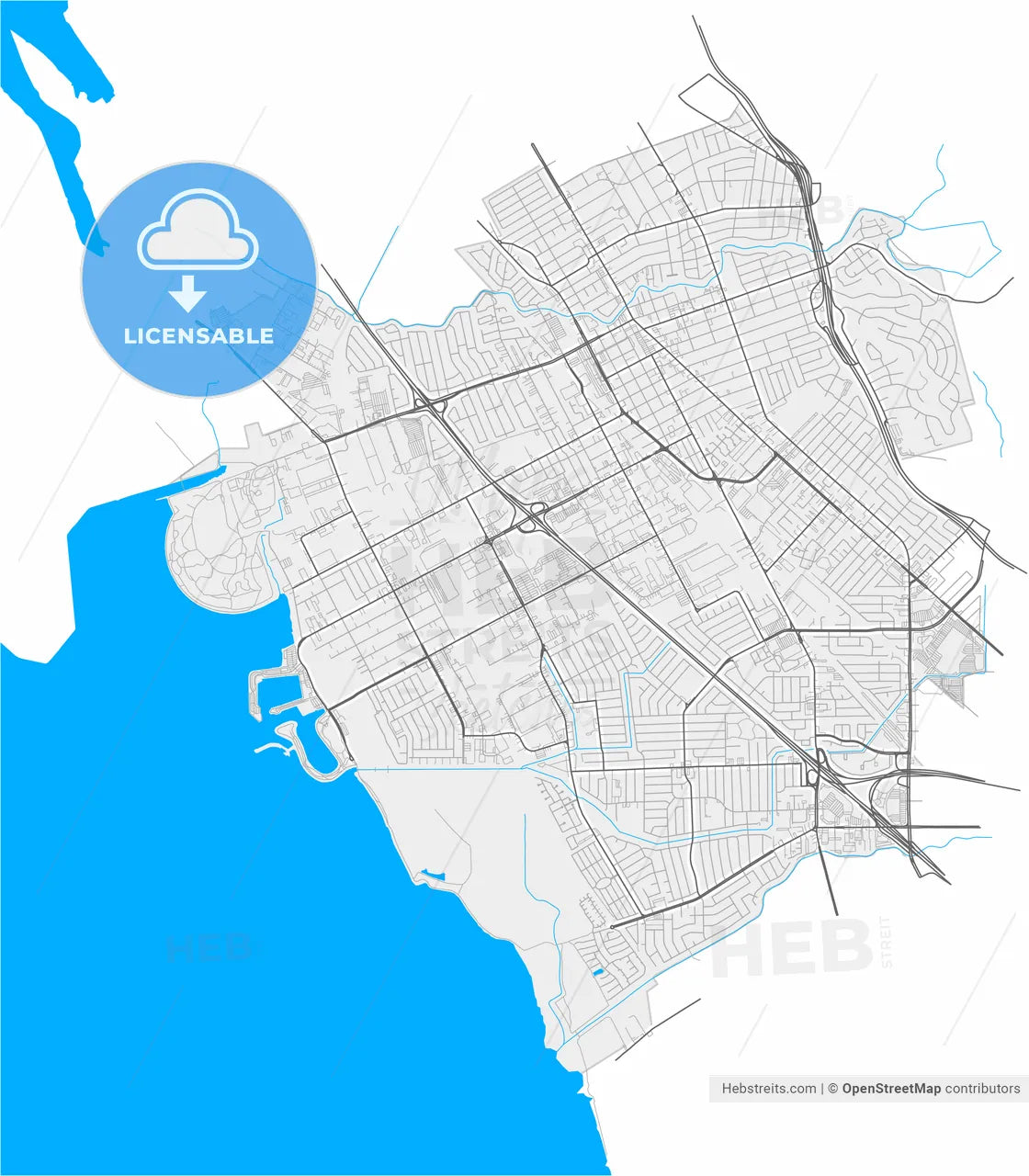San Leandro, California, United States, high resolution vector map - Instant download PDF and JPG