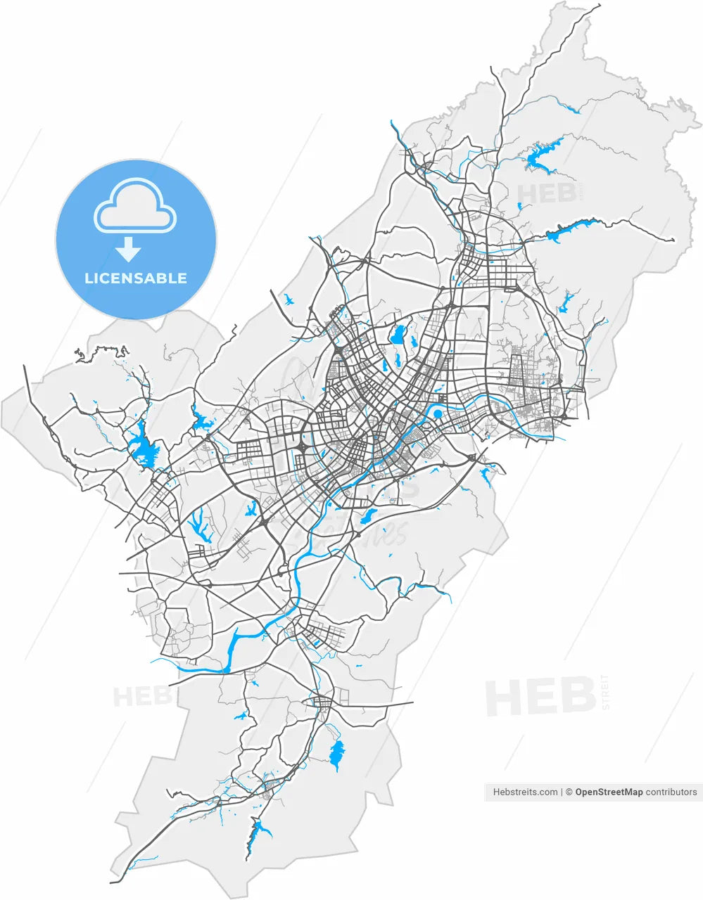 Yiwu, Zhejiang, China, high resolution vector map - Instant download PDF and JPG