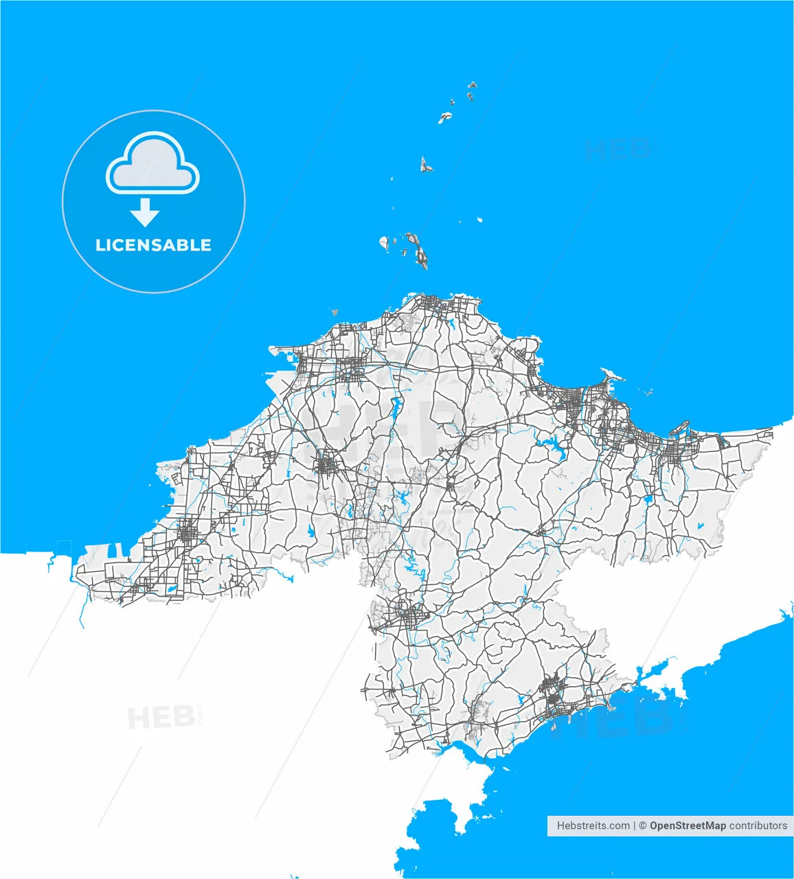Yantai, Shandong, China, high resolution vector map - Instant download PDF and JPG