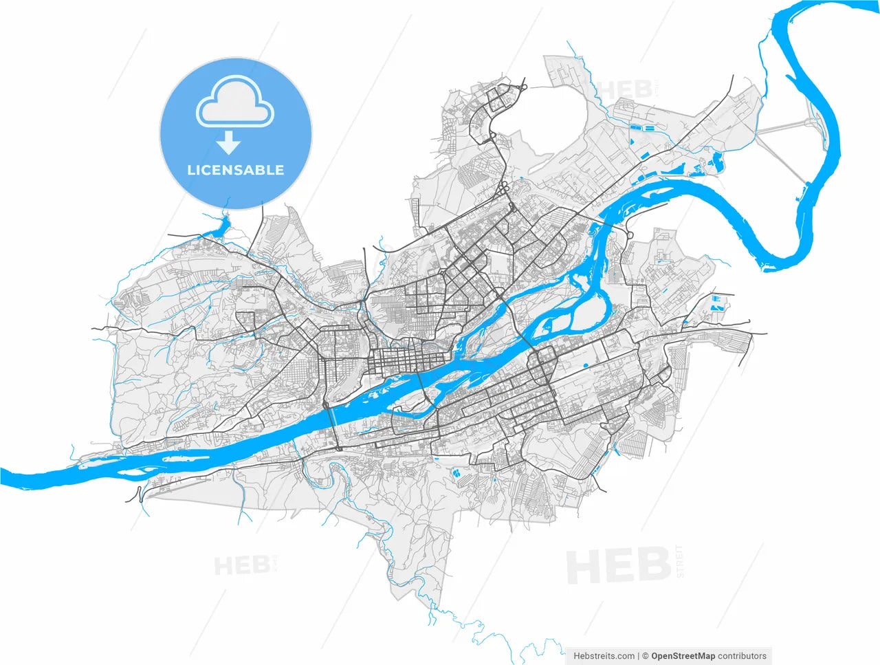 Krasnoyarsk, Krasnoyarsk Krai, Russia, high resolution vector map - Instant download PDF and JPG