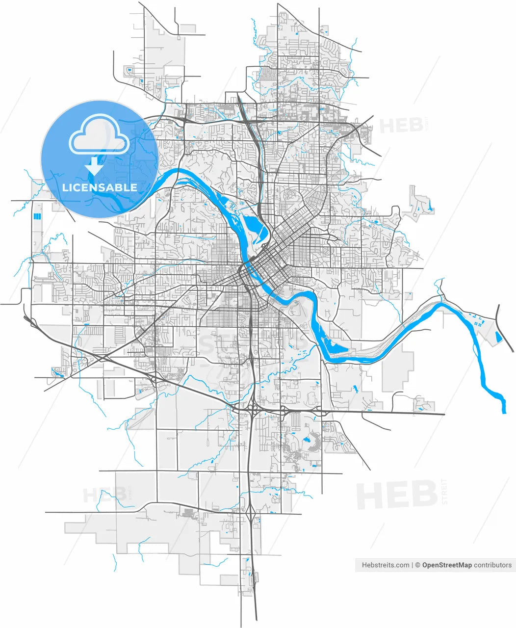 Cedar Rapids, Iowa, United States, high resolution vector map - Instant download PDF and JPG
