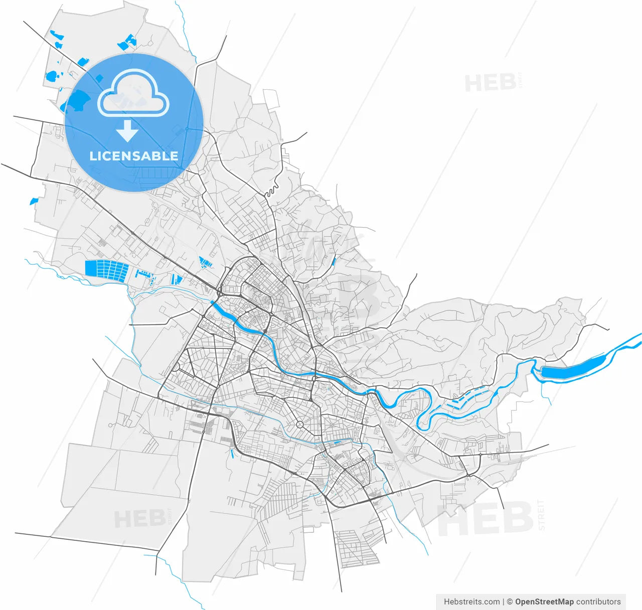 Oradea, Bihor, Romania, high resolution vector map - Instant download PDF and JPG