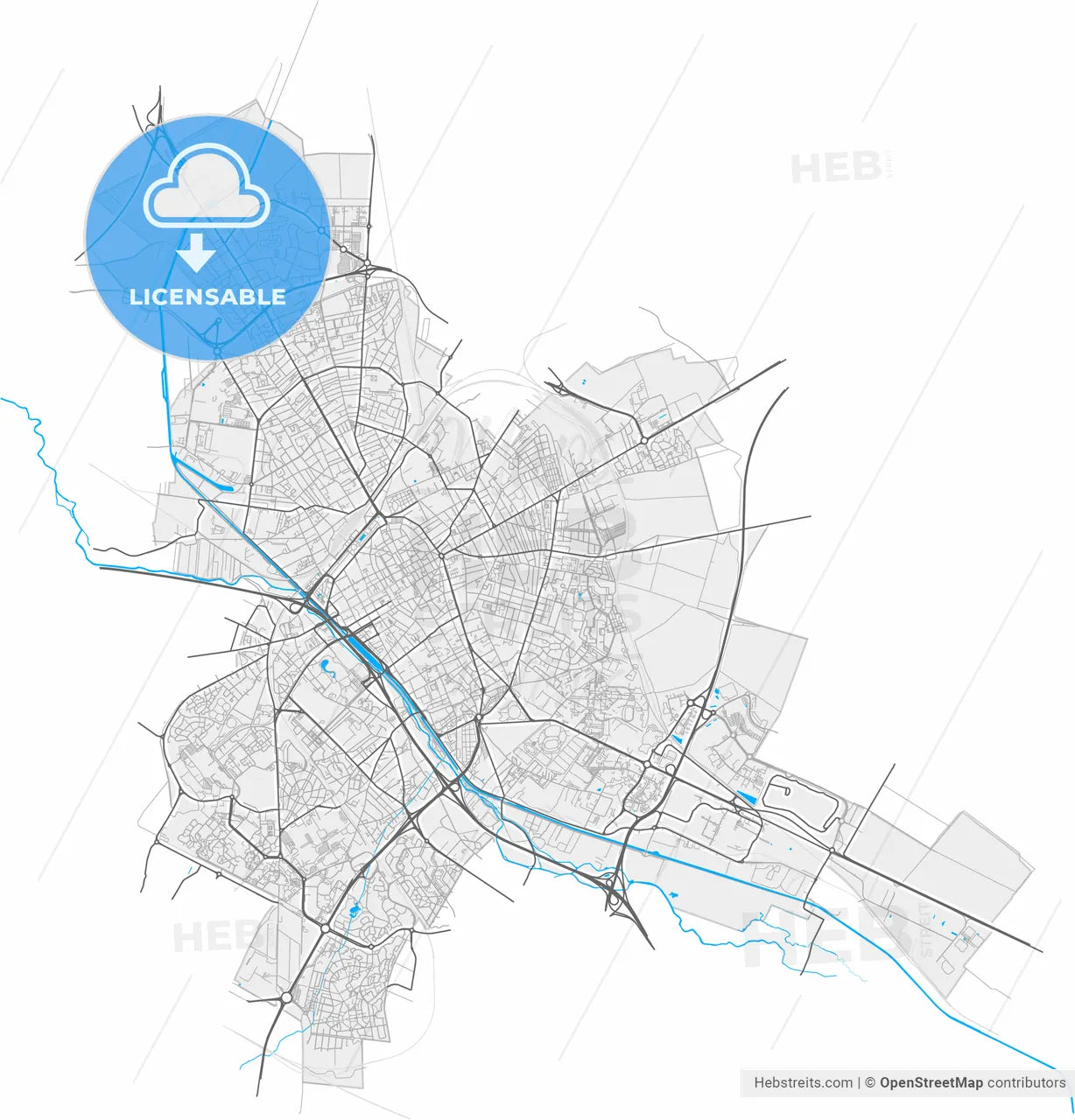 Reims, Marne, France, high resolution vector map - Instant download PDF and JPG