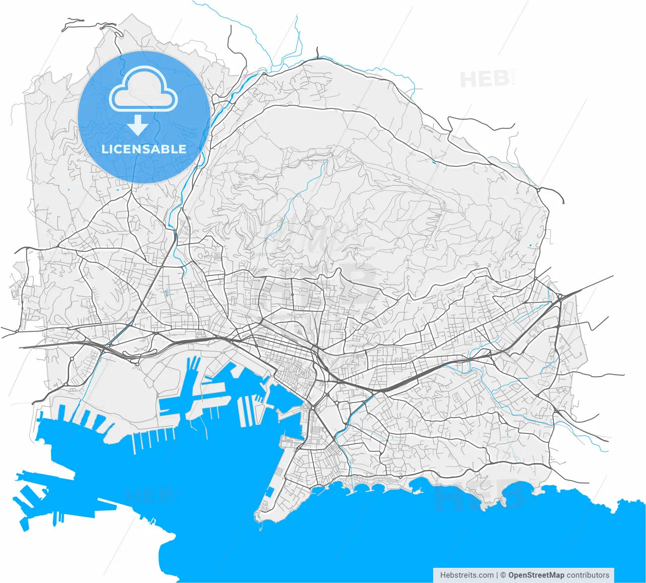 Toulon, Var, France, high resolution vector map - Instant download PDF and JPG