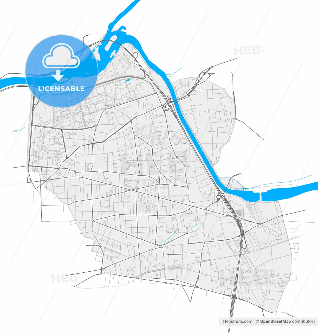 Villeurbanne, Rhône, France, high resolution vector map - Instant download PDF and JPG