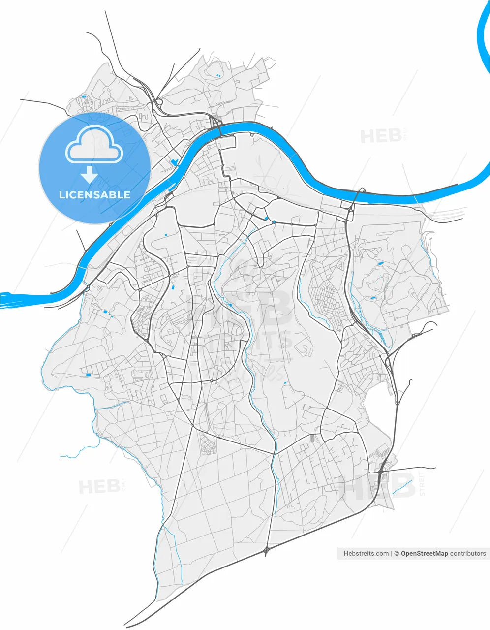 Seraing, Liège, Belgium, high resolution vector map - Instant download PDF and JPG