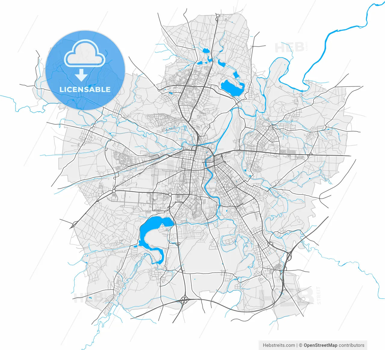Plzeň, Czechia, high resolution vector map - Instant download PDF and JPG