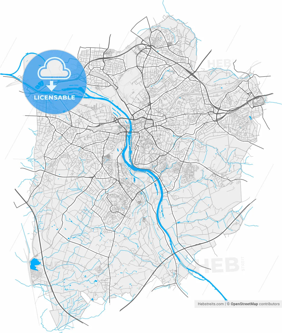Mulheim an der Ruhr, North Rhine-Westphalia, Germany, high resolution vector map - Instant download PDF and JPG