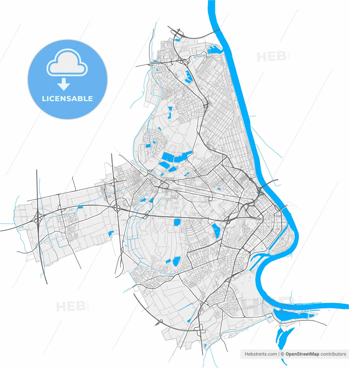 Ludwigshafen am Rhein, Rheinland-Pfalz, Germany, high resolution vector map - Instant download PDF and JPG