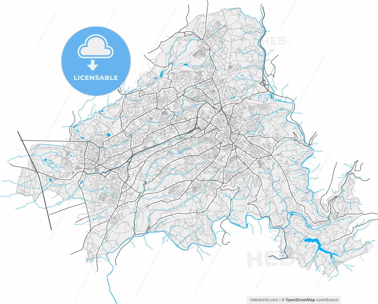 Solingen, North Rhine-Westphalia, Germany, high resolution vector map - Instant download PDF and JPG