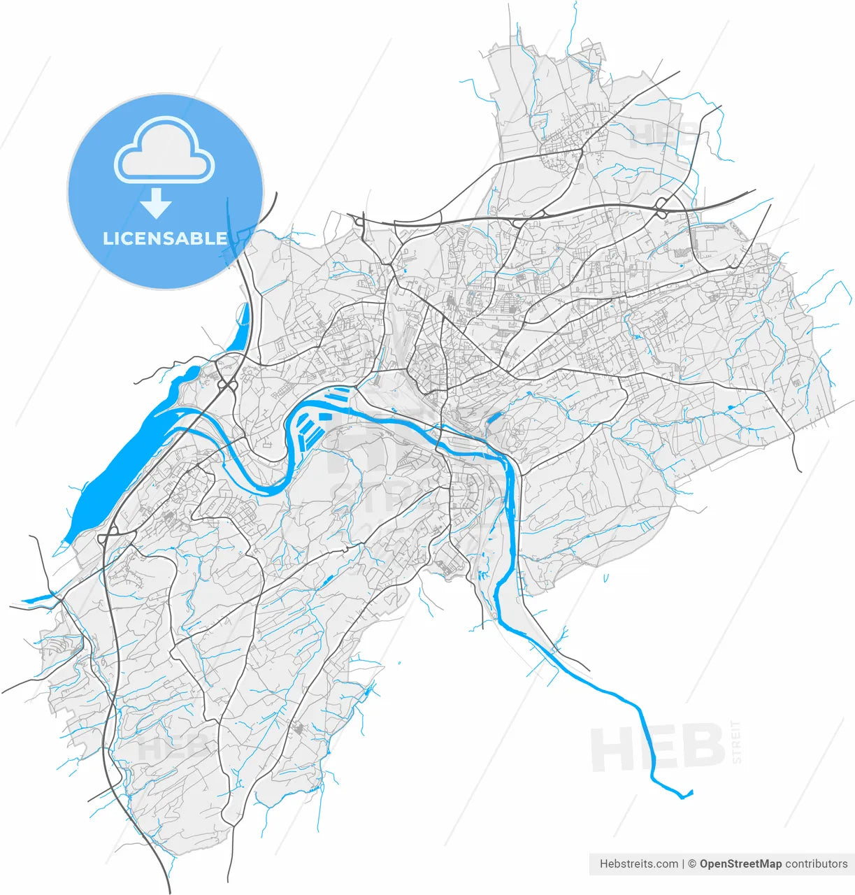 Witten, North Rhine-Westphalia, Germany, high resolution vector map - Instant download PDF and JPG