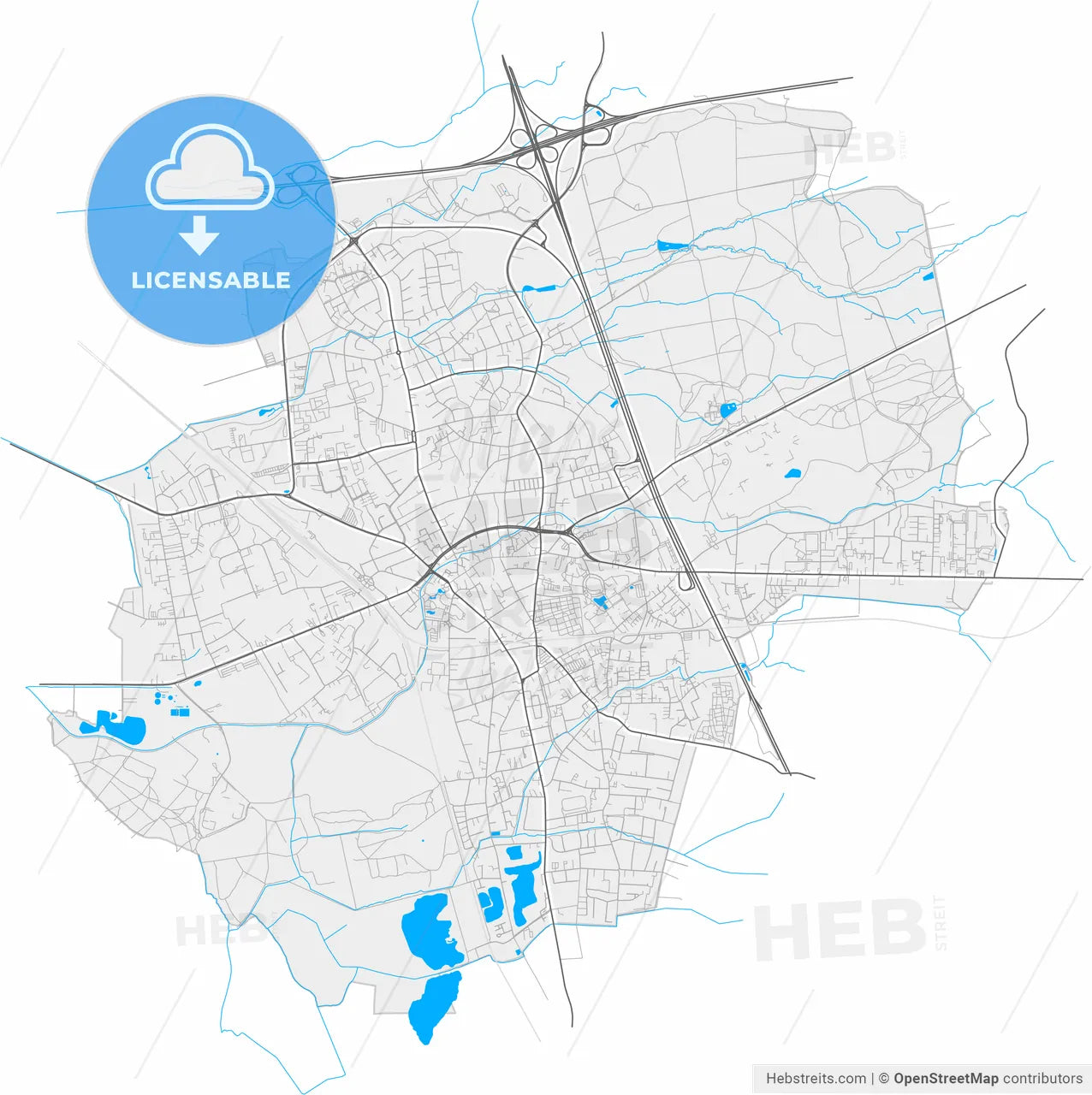 Hilden, North Rhine-Westphalia, Germany, high resolution vector map - Instant download PDF and JPG