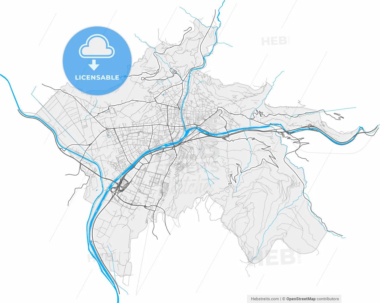 Bolzano, Trentino-Alto Adige/Südtirol, Italy, high resolution vector map - Instant download PDF and JPG