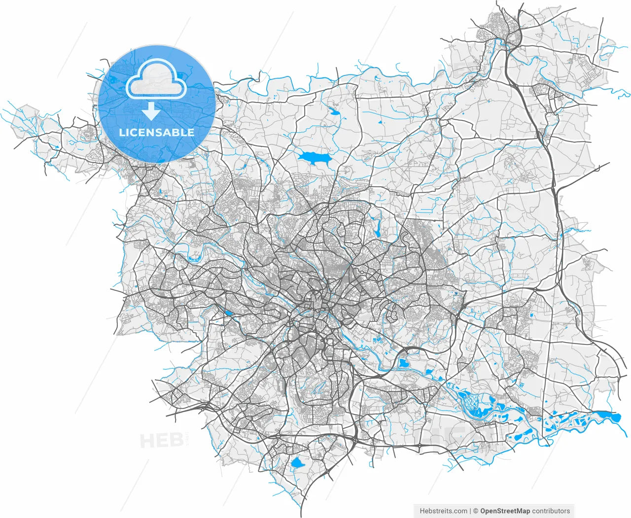 Leeds, Yorkshire and the Humber, England, high resolution vector map - Instant download PDF and JPG