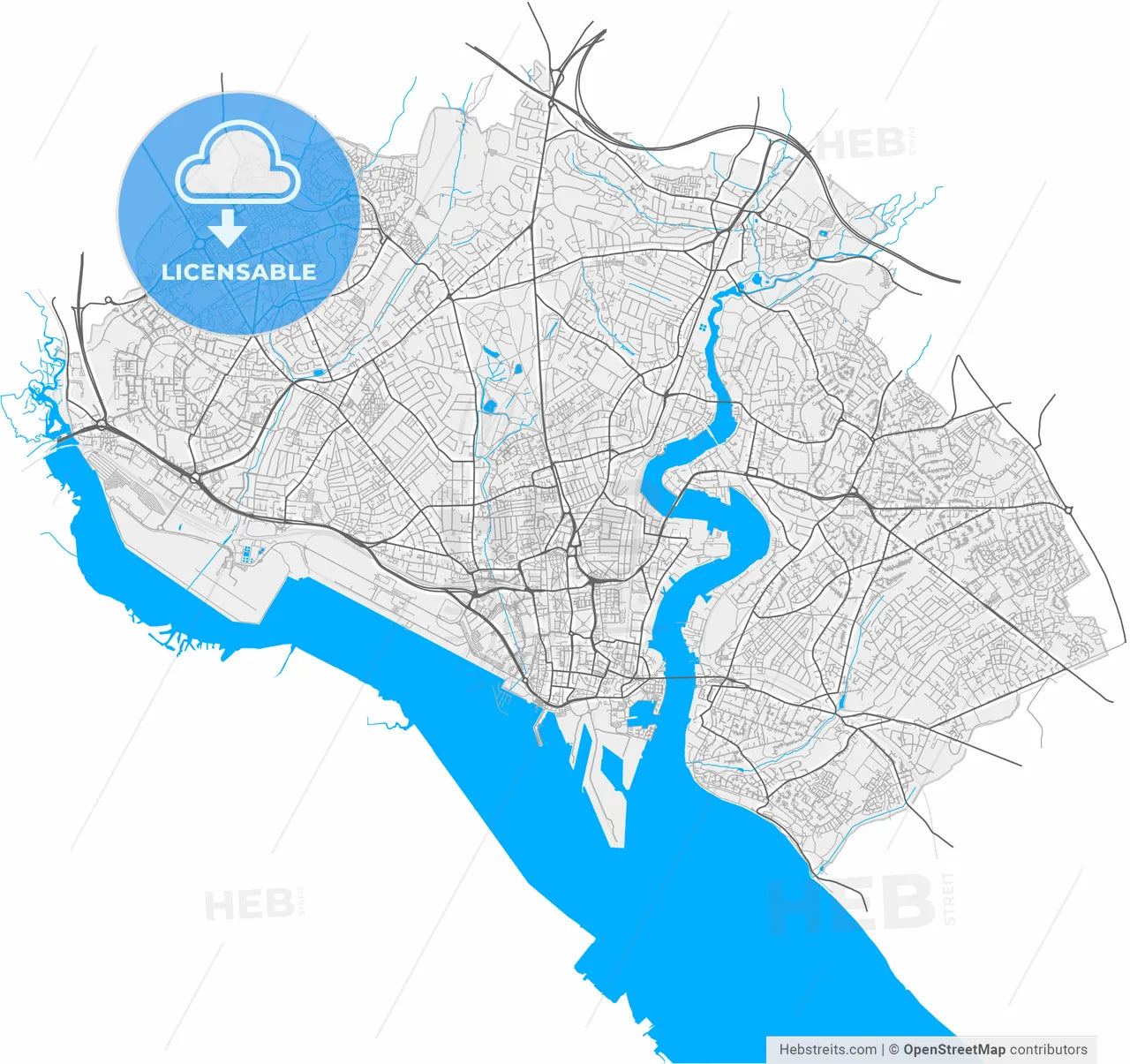 Southampton, South East England, England, high resolution vector map - Instant download PDF and JPG