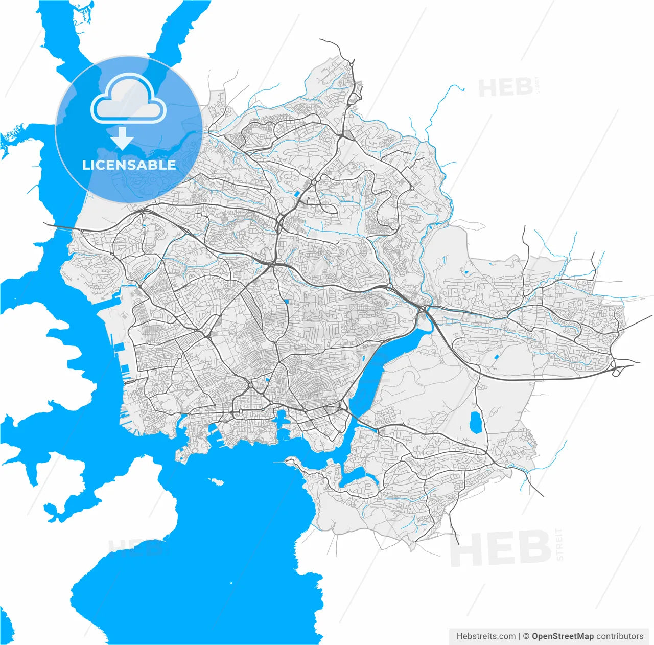 Plymouth, South West England, England, high resolution vector map - Instant download PDF and JPG