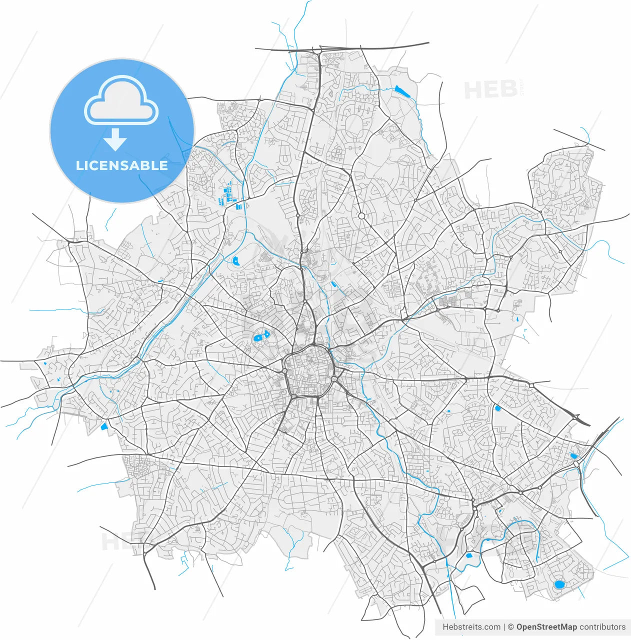 Wolverhampton, West Midlands, England, high resolution vector map - Instant download PDF and JPG