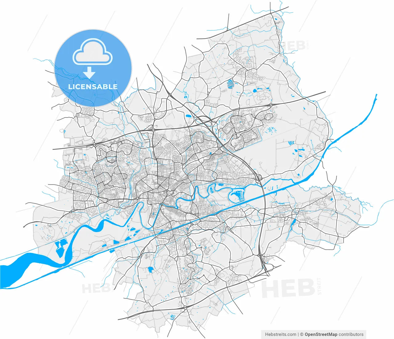 Warrington, North West England, England, high resolution vector map - Instant download PDF and JPG