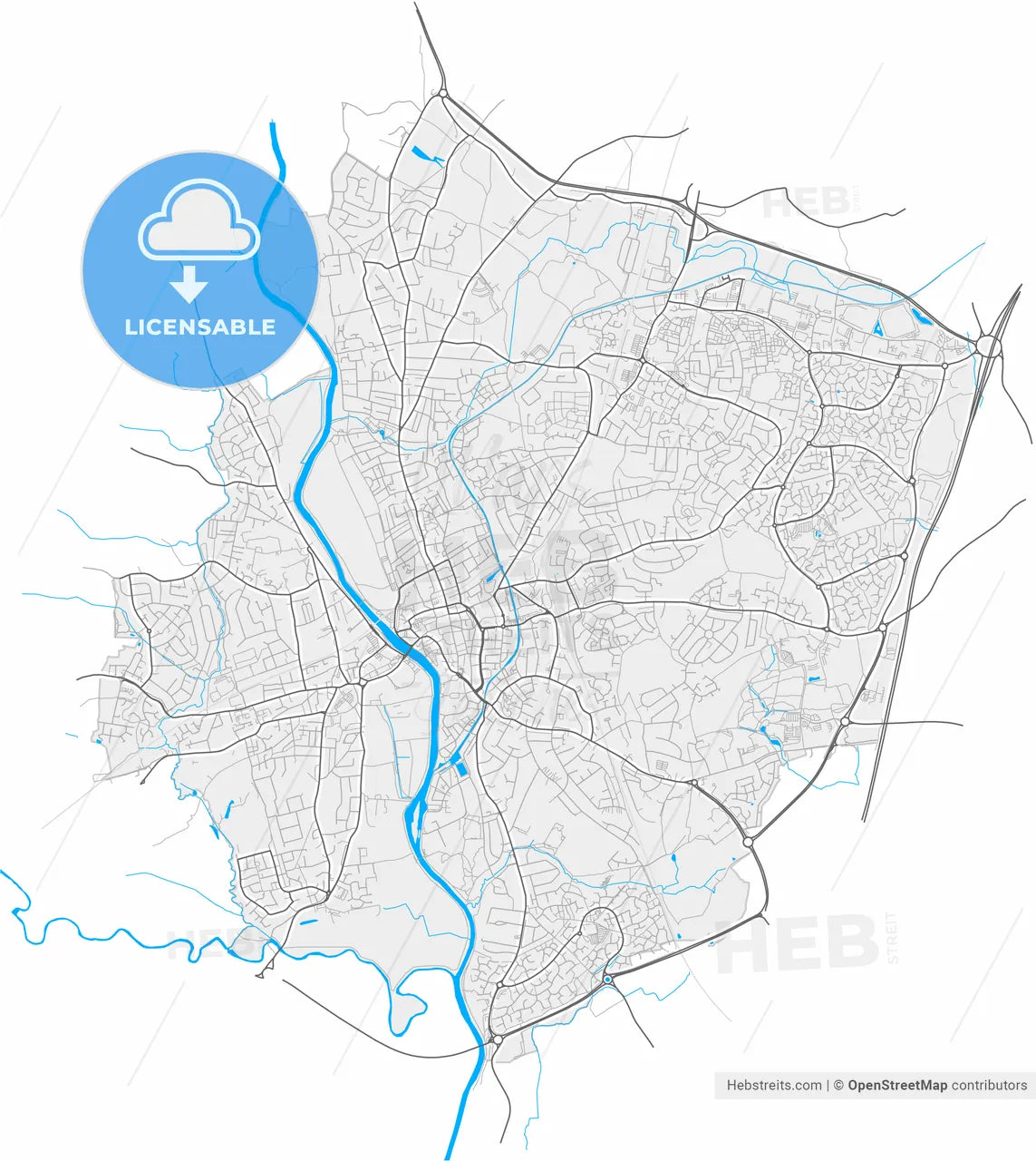 Worcester, West Midlands, England, high resolution vector map - Instant download PDF and JPG