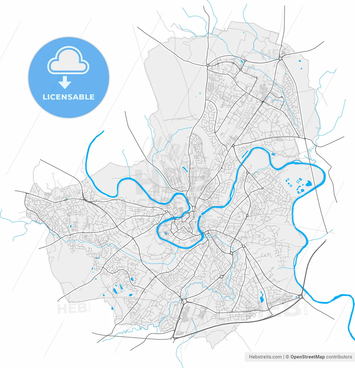 Shrewsbury, West Midlands, England, high resolution vector map - Instant download PDF and JPG