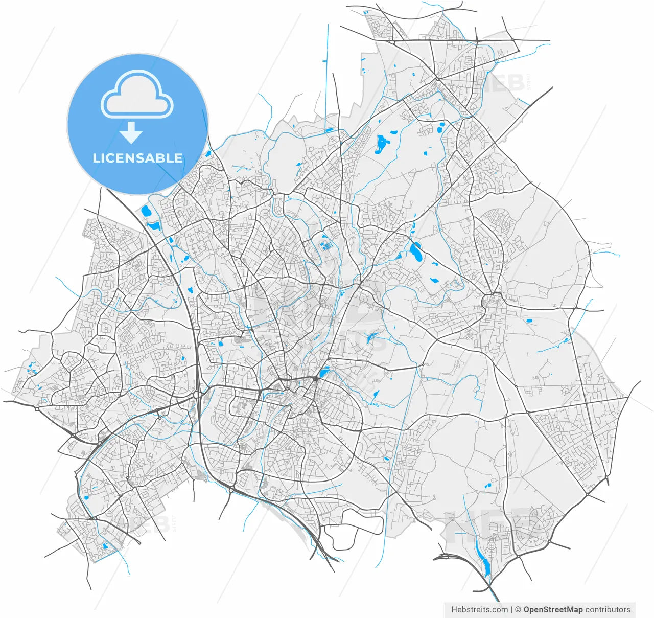 Walsall, West Midlands, England, high resolution vector map - Instant download PDF and JPG