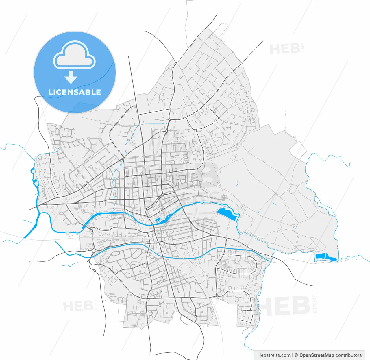Royal Leamington Spa, West Midlands, England, high resolution vector map - Instant download PDF and JPG