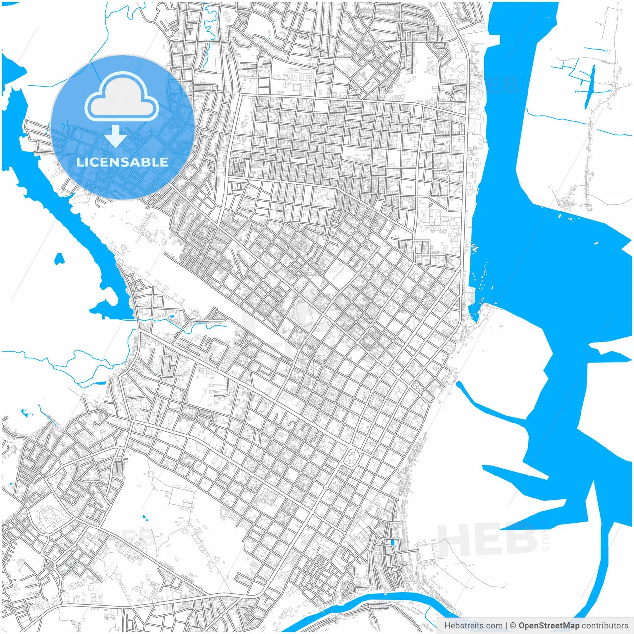 Iquitos, Peru, city map with high resolution roads.