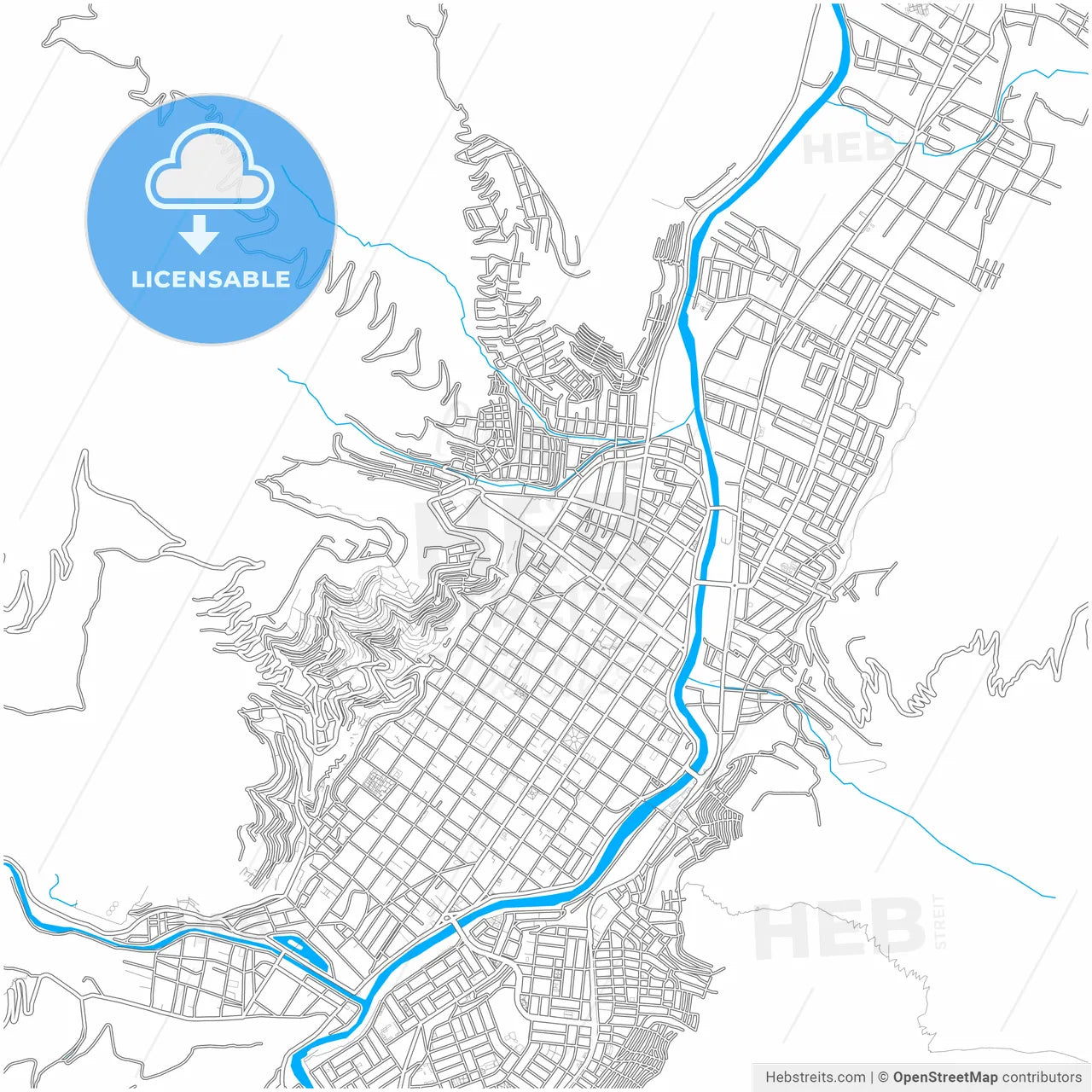 Huanuco, Peru, city map with high resolution roads.