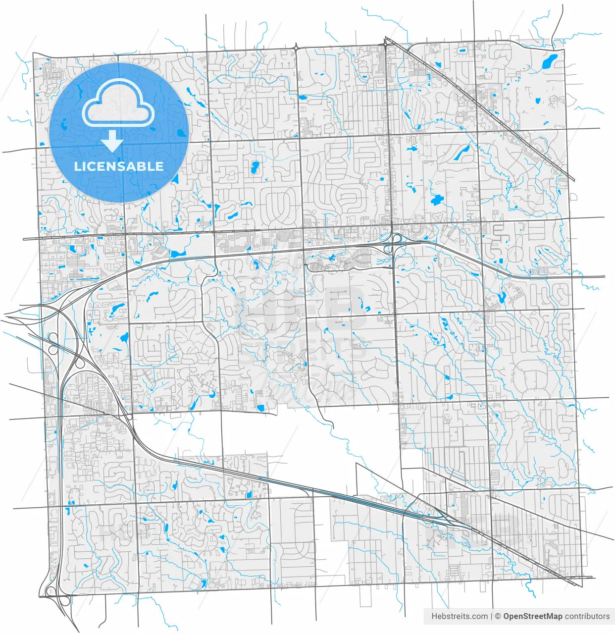 Farmington Hills, Michigan, United States, high resolution vector map - Instant download PDF and JPG