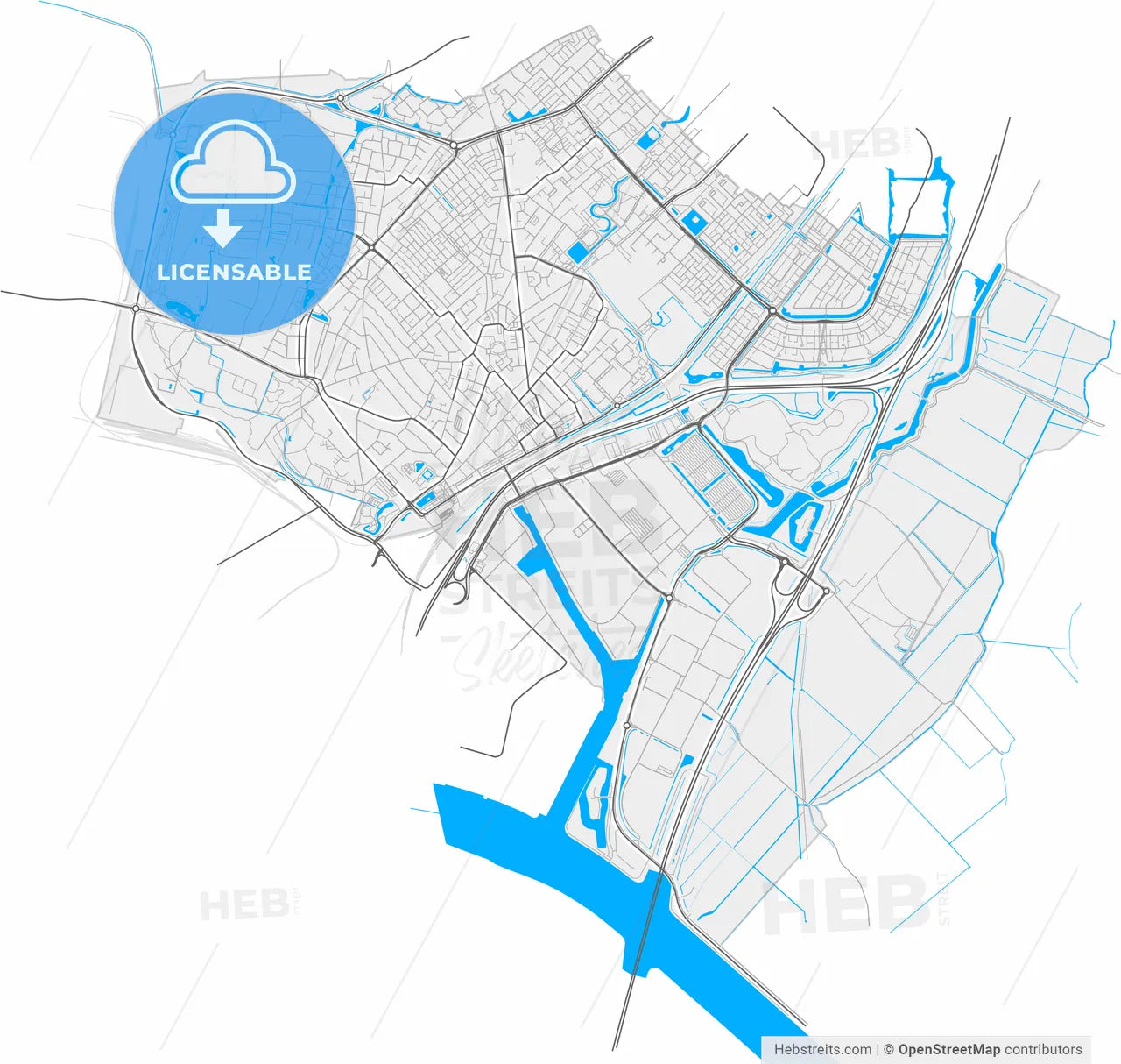 Beverwijk, North Holland, Netherlands, high resolution vector map - Instant download PDF and JPG