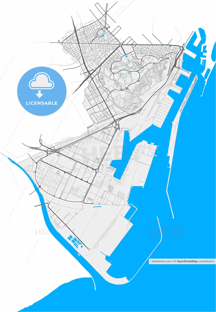 Sants-Montjuïc, Barcelona, Spain, high resolution vector map - Instant download PDF and JPG
