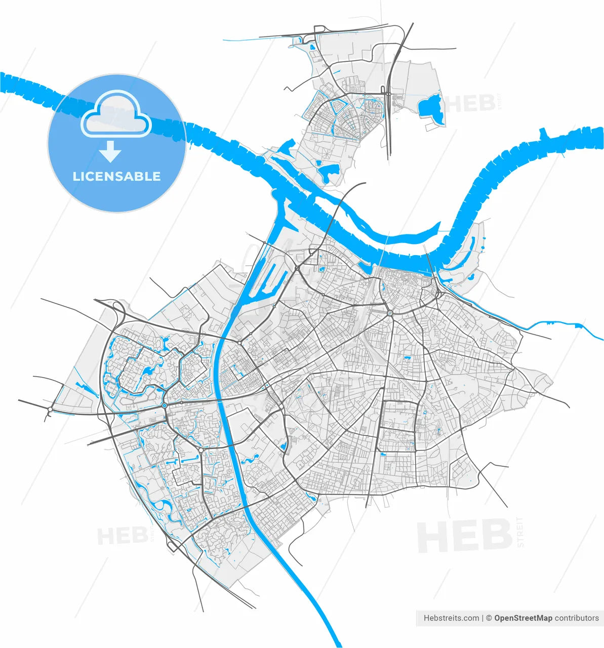 Nijmegen, Gelderland, Netherlands, high resolution vector map - Instant download PDF and JPG