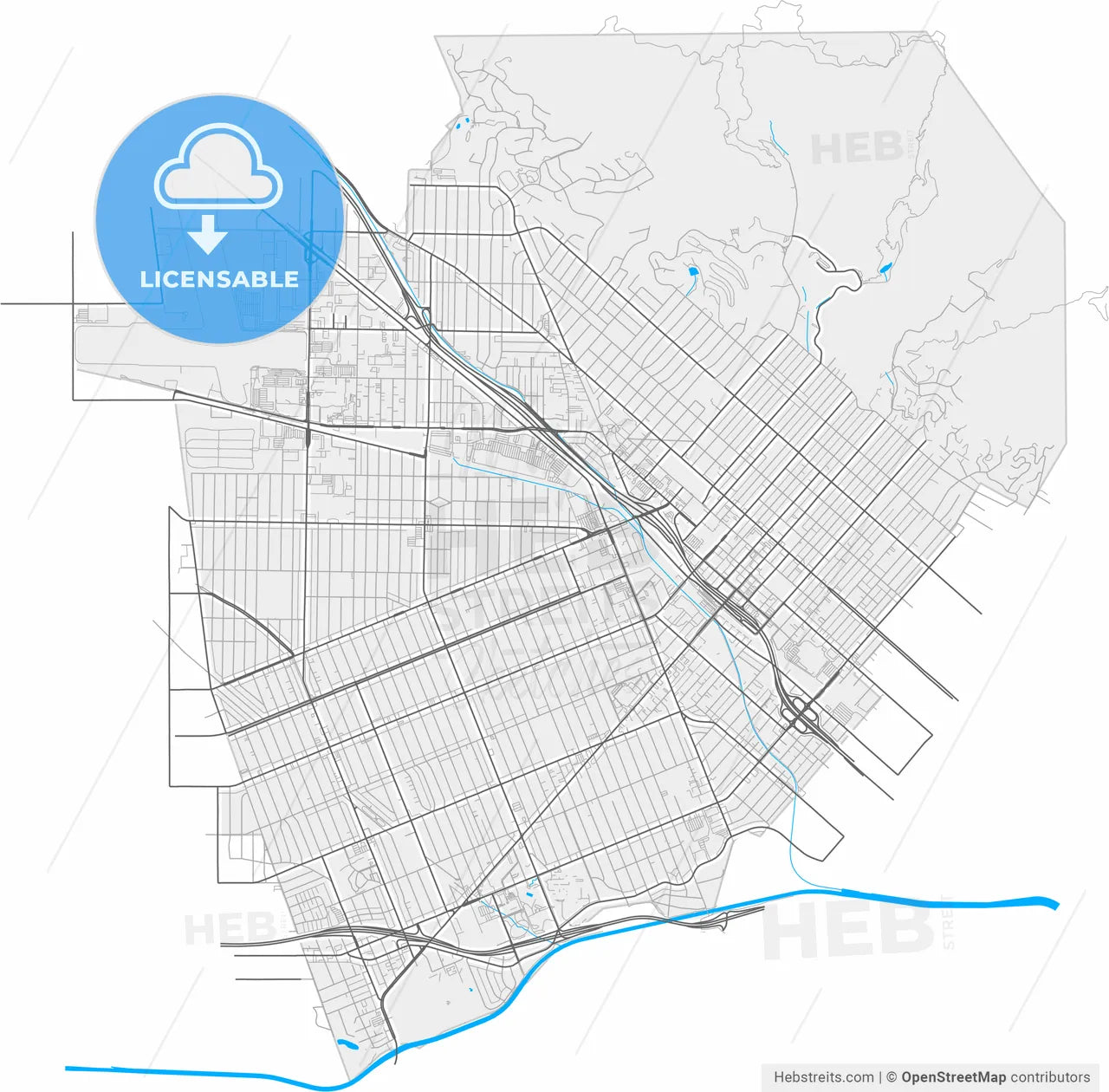 Burbank, California, United States, high resolution vector map - Instant download PDF and JPG