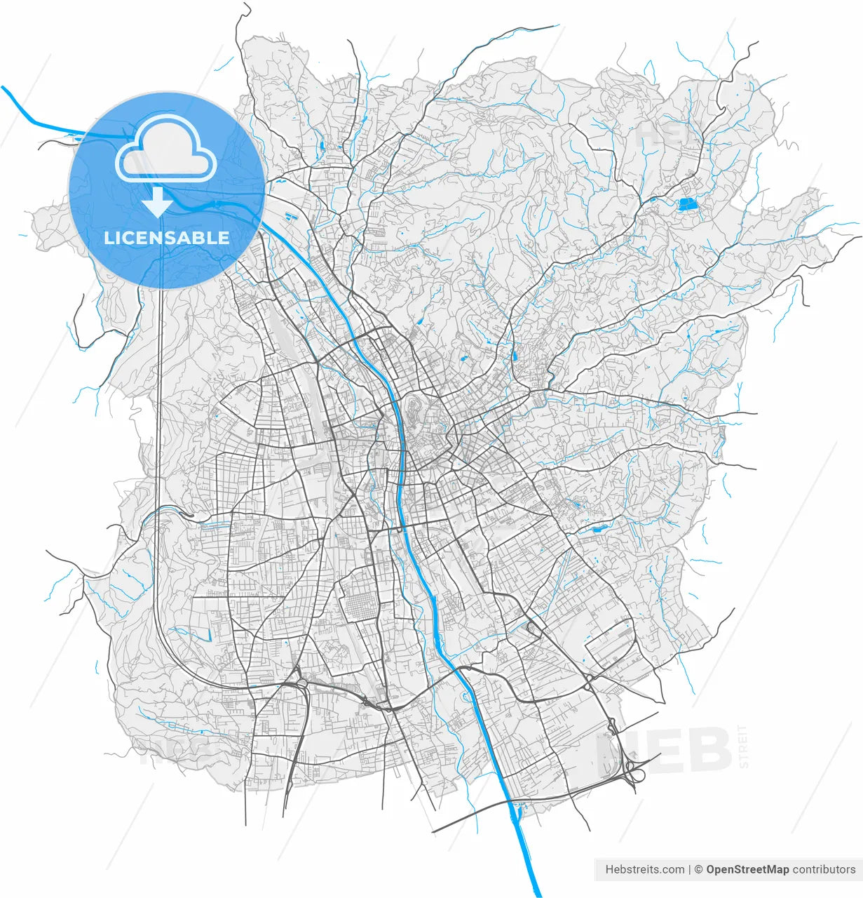 Graz, Styria, Austria, high resolution vector map - Instant download PDF and JPG