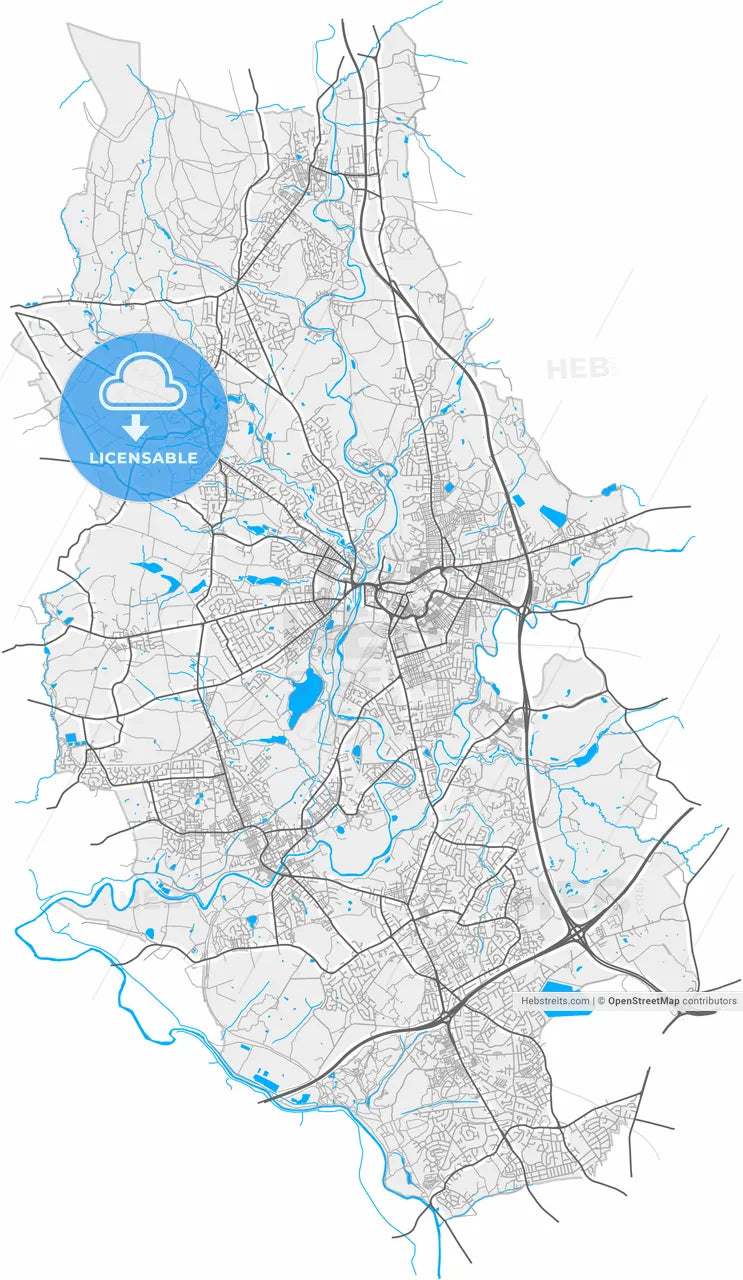 Bury, North West England, England, high resolution vector map - Instant download PDF and JPG