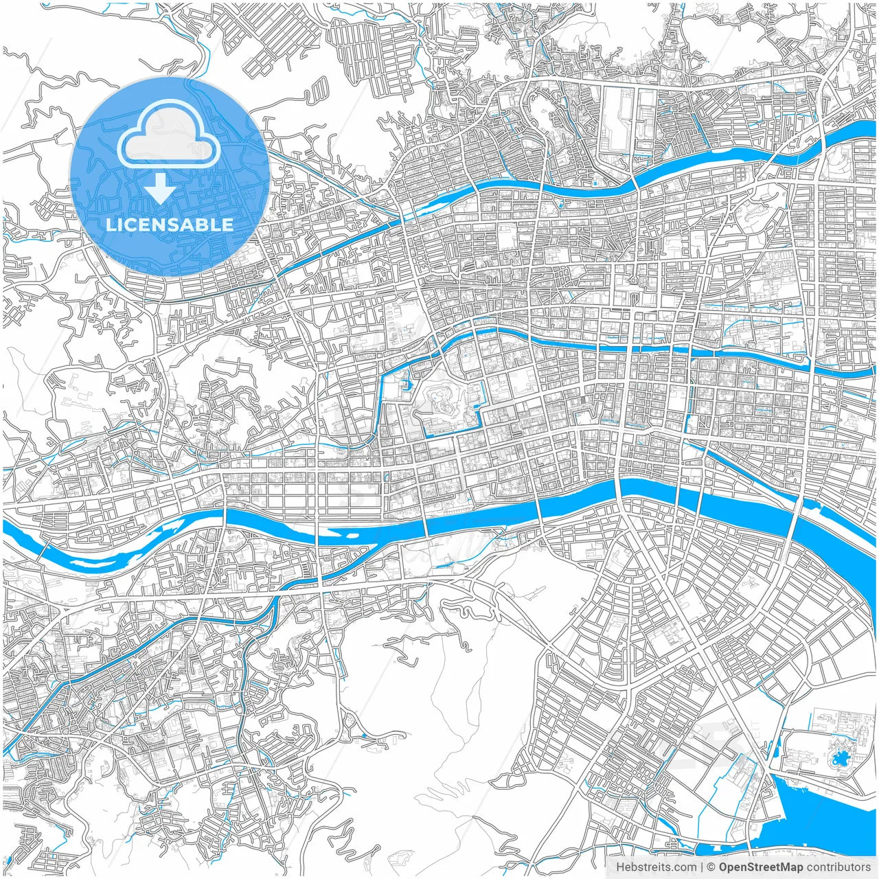 Kōchi, Kōchi, Japan, city map with high resolution roads.