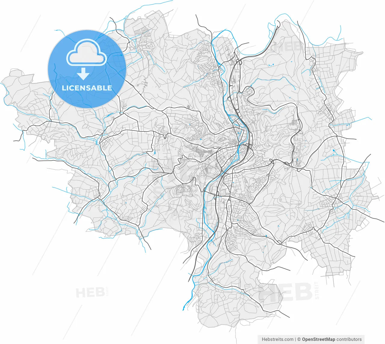 Marburg, Hesse, Germany, high resolution vector map - Instant download PDF and JPG