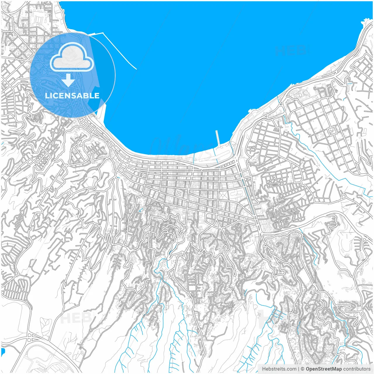 Valparaiso, Chile, city map with high resolution roads.