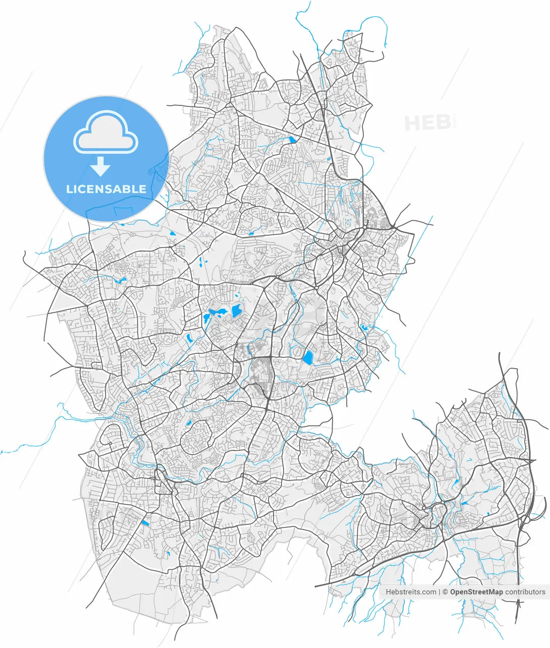 Dudley, West Midlands, England, high resolution vector map - Instant download PDF and JPG